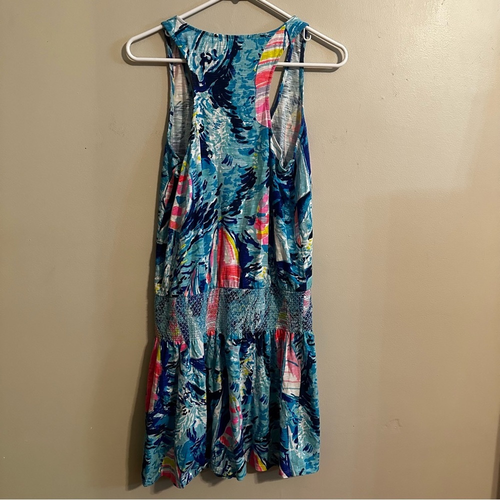 LILLY PULITZER Tideline Mini Dress Sz S Sparking Blue Vacation Drop Waist Tropic - Picture 7 of 10